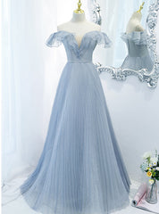 Blue Tulle Pleats Sequins Off the Shoulder Prom Dress