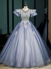 Blue Tulle Puff Sleeve Backless Beading Quinceanera Dresses