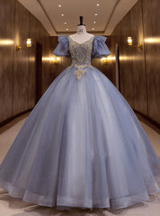 Blue Tulle Puff Sleeve Beading Pearls Quinceanera Dresses