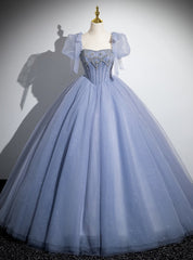 Blue Tulle Puff Sleeve Beading Princess Quinceanera Dresses