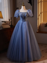 Blue Tulle Puff Sleeve Beading Prom Dresses