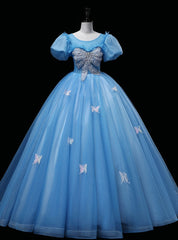 Blue Tulle Puff Sleeve Beading Quinceanera Dresses