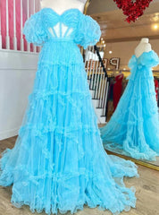 Blue Tulle Puff Sleeve Prom Dresses