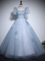 Blue Tulle Puff Sleeve Sequins Beading Quinceanera Dress