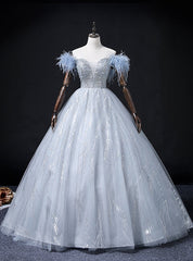 Blue Tulle Sequins Beading Feather Quinceanera Dress