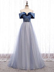 Blue Tulle Sequins Beading Off the Shoulder Prom Dresses