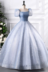 Blue Tulle Sequins Floor Length Prom Dresses, Elegant Short Sleeve Evening Party Dresses