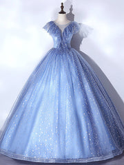 Blue Tulle Sequins Illusion V-neck Quinceanera Dresses