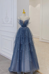 Blue Tulle Sequins Long Prom Gown, Blue Spaghetti Straps Formal Evening Dress