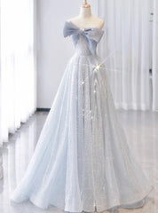 Blue Tulle Sequins Off the Shoulder Bow Prom Dresses