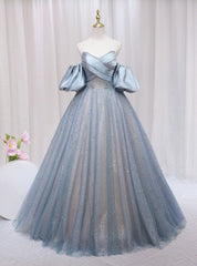 Blue Tulle Sequins Pearls Strapless Prom Dresses