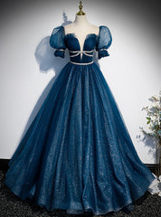 Blue Tulle Sequins Pleats Puff Sleeve Prom Dresses