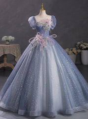 Blue Tulle Sequins Puff Sleeve Backless Beading Quinceanera Dresses