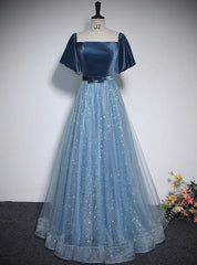 Blue Tulle Sequins Short Sleeve Velvet Prom Dresses