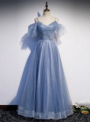 Blue Tulle Sequins Spagehtti Straps Beading Prom Dresses