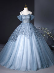 Blue Tulle Sequins Spaghetti Straps Quinceanera Dresses