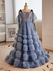 Blue Tulle Sequins Spaghetti Straps Tiers Prom Dresses