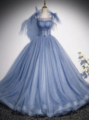 Blue Tulle Sequins Straps Pleats Prom Dresses