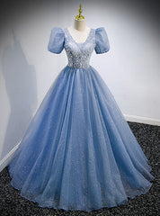 Blue Tulle Sequins V-neck Puff Sleeve Beading Sequins Prom Dresses