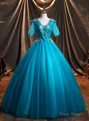 Blue Tulle Short Sleeve Appliques Quinceanera Dresses