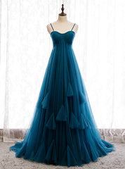 Blue Tulle Spagehtti Straps High Waist Pleats Prom Dresses