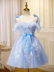 Blue Tulle Spaghetti Straps Appliques Homecoming Dresses