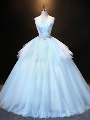 Blue Tulle Spaghetti Straps Appliques Quinceanera Dresses