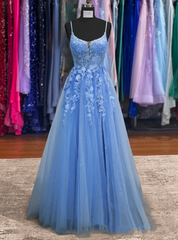 Blue Tulle Spaghetti Straps Prom Dresses