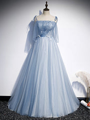 Blue Tulle Spaghetti Straps Sleeveless Prom Dresses