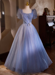 Blue Tulle Square Neck Short Sleeve Beading Flower Prom Dresses