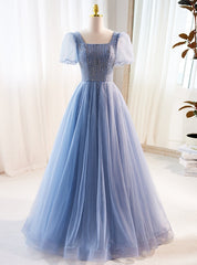 Blue Tulle Square Neck Short Sleeve Beading Prom Dresses