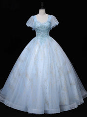 Blue Tulle Square Puff Sleeve Beading Quinceanera Dresses