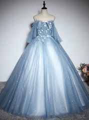 Blue Tulle Star Sequins 3D Appliques Quinceanera Dresses