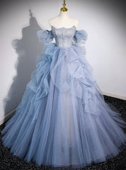 Blue Tulle Strapless Beading Prom Dresses