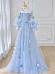 Blue Tulle Strapless Long Sleeve Flower Prom Dresses