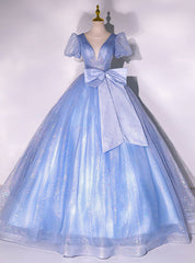 Blue Tulle Suquins Puff Sleeve Quinceanera Dresses