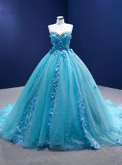 Blue Tulle Sweetheart Appliques Beading Prom Dresses