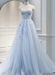 Blue Tulle Sweetheart Neck Appliques Prom Dresses