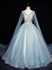 Blue Tulle V-neck Appliques Pleats Quinceanera Dresses