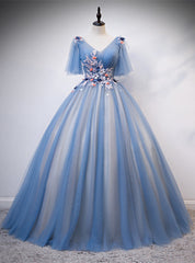 Blue Tulle V-neck Appliques Pleats Short Sleeve Quinceanera Dresses