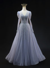 Blue Tulle V-neck Long Sleeve Beading Prom Dresses