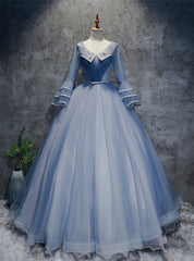 Blue Tulle V-neck Long Sleeve Pleats Quinceanera Dresses