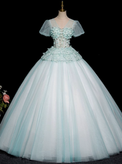 Blue Tulle V-neck Short Sleeve Flower Quinceanera Dresses