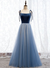 Blue Tulle Velvet Spaghetti Straps Open Back Prom Dresses