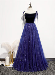 Blue Tulle Velvet Star Sequins Spaghetti Straps Prom Dresses