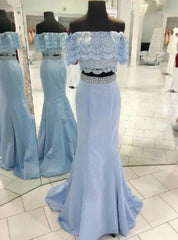 Blue Two-Piece Off-the-Shoulder Lace Mermaid Long Prom Dresses