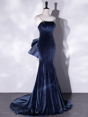 Blue Unique Mermaid Velvet Long Prom Dresses, Velvet Formal Evening Dresses