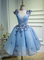 Blue V-neck Organza Homecoming Dresses