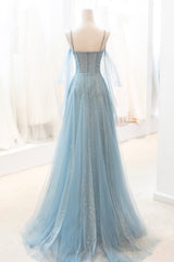 Blue V-Neck Tulle Long Prom Dress, A-Line Spaghetti Strap Evening Dress