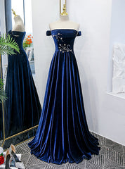 Blue Velvet Off the Shoulder Beading Pleats Prom Dresses